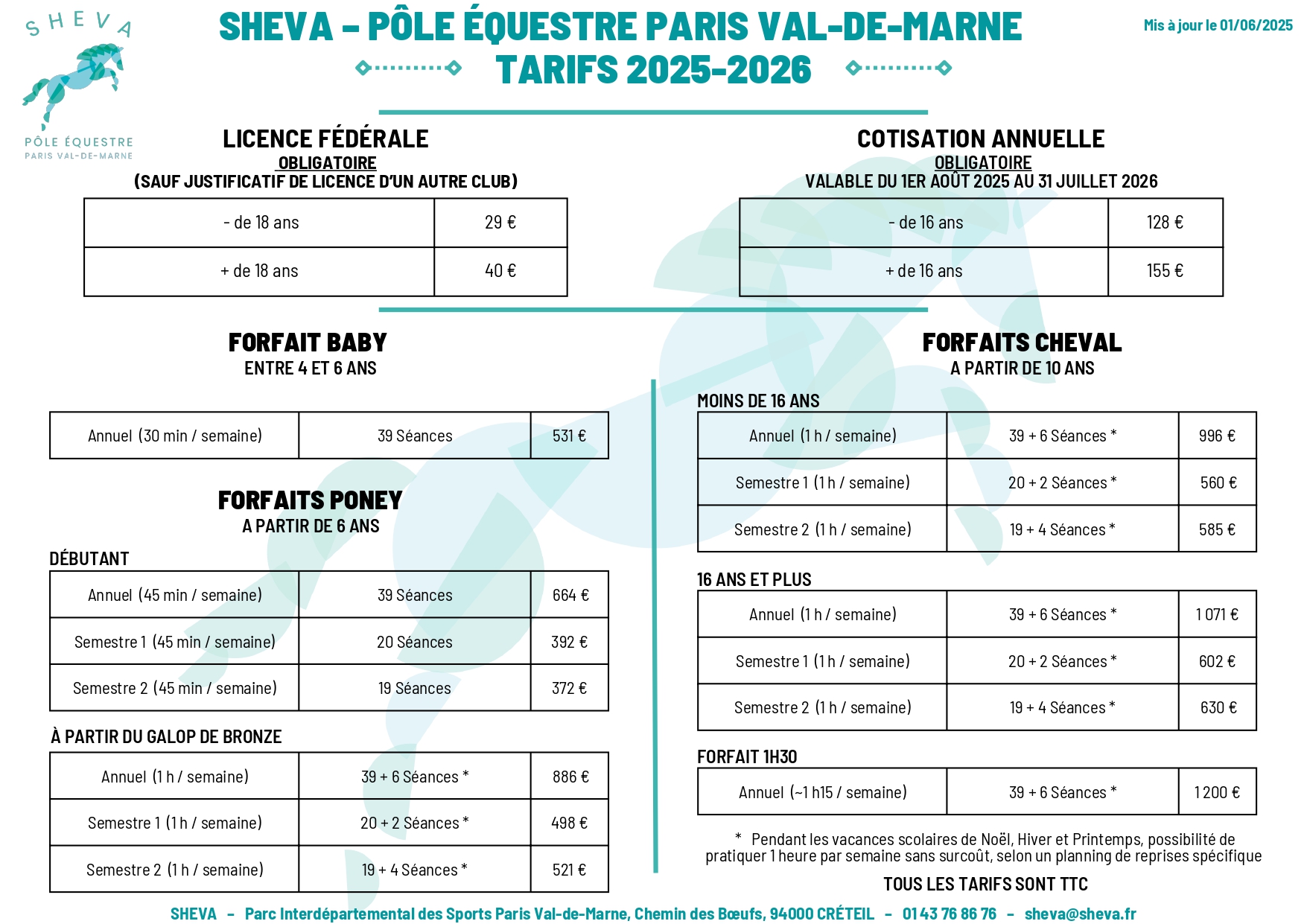 Grille tarifaire SHEVA 2025-2026